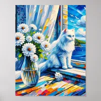 White Cat in Window sill Looking out at the Ocean Poster