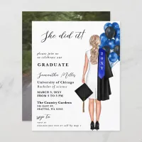 Budget Blue Photo She Did It Graduation Invitation