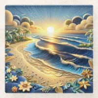 Ocean View Tropical Paper Quilling Effect  Glass Coaster