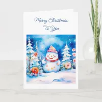 Cute Whimsical Watercolor Christmas Snowman Card