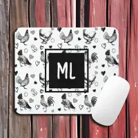 Monogrammed Black and White Cartoon Chickens Mouse Pad