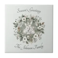 Cute Rabbits in a Floral Winter Wreath Ceramic Tile