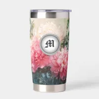 *~ Vintage Floral Monogram Pink Peonies AP84  Insulated Tumbler