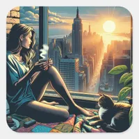 Woman Drinking Coffee at Sunrise in the City Square Sticker