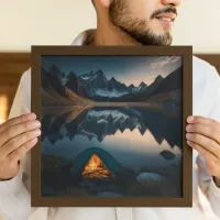 Tent, Mountains and Lake Camping Themed Art Canvas Print