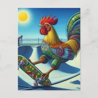 Colorful Rooster Skateboarding Postcard