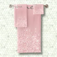 Metallic Blush Pink Dripping Glitter Monogrammed Bath Towel Set