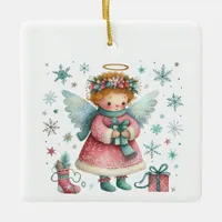 Whimsical Cute Pink and Blue Christmas Angel Ceramic Ornament