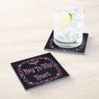 Goth Valentine Key To My Heart PInk Glass Coaster