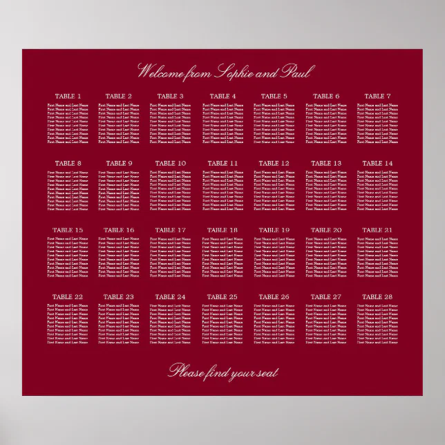 Burgundy 28 Table Wedding Seating Chart Poster