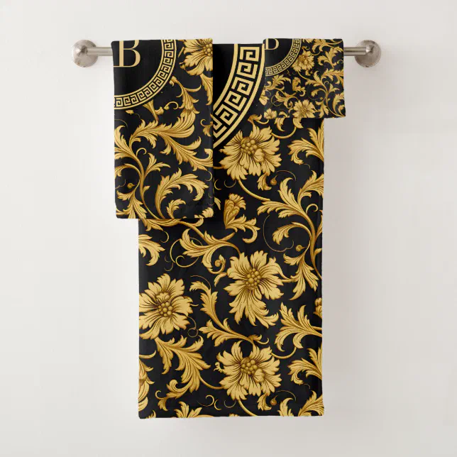 Monogram Black Gold Classy Elegant Pattern Bath Towel Set