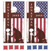 American Flag Cross Kneeling Soldier Name Memorial Cornhole Set