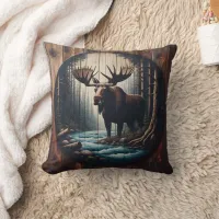 Majestic Moose by the River in Dense Forest Throw Pillow