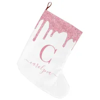 Blush Pink Sparkle Glitter Drips Monogram Large Christmas Stocking