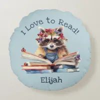 I Love to Read with Cute Baby Raccoon Round Pillow