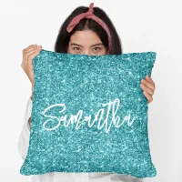 Dark Turquoise Glitter White Brush Script Throw Pillow