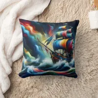 Colorful Pirate Ship Sailing Through Vibrant Waves Throw Pillow