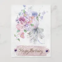 Vintage Antique Floral Bouquet Happy Birthday Postcard