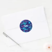 Monogram Camouflage Dark Blue & Purple Classic Round Sticker