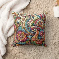 Colorful peacocks amidst floral splendor throw pillow