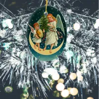 Vintage Christmas Angels on the Moon Ceramic Ornament