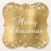 Glittery Gold Foil Merry Christmas Paper Coaster