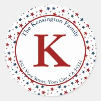 Patriotic Stars Pattern Monogram Family Address Classic Round Sticker