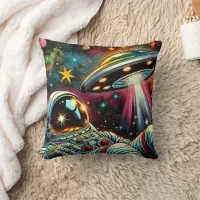 Astronaut Floating in Space with a UFO Ai  Art Throw Pillow