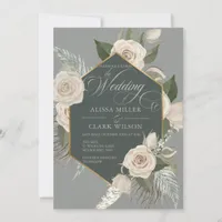 White Rose And Gold Forest Green Wedding Invitation