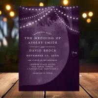 Rustic Carved Tree String Light Purple Wedding Invitation