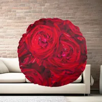 Red rose blossoms with dewdrops - photography round pillow