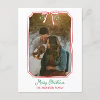 Chic Mistletoe & Bow Custom Family Photo Christmas Holiday Postcard