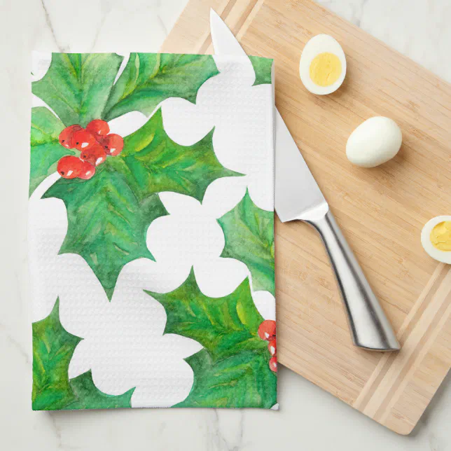 Holly Leaves, Berries, Red, Green Floral Christmas Kitchen Towel