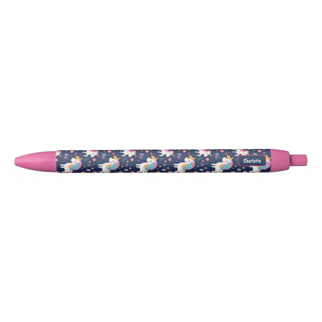 Cute Unicorn Pink Flowers Blue Background Black Ink Pen