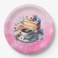 Piece of Cake, Cup of Coffee and Flowers Paper Plates