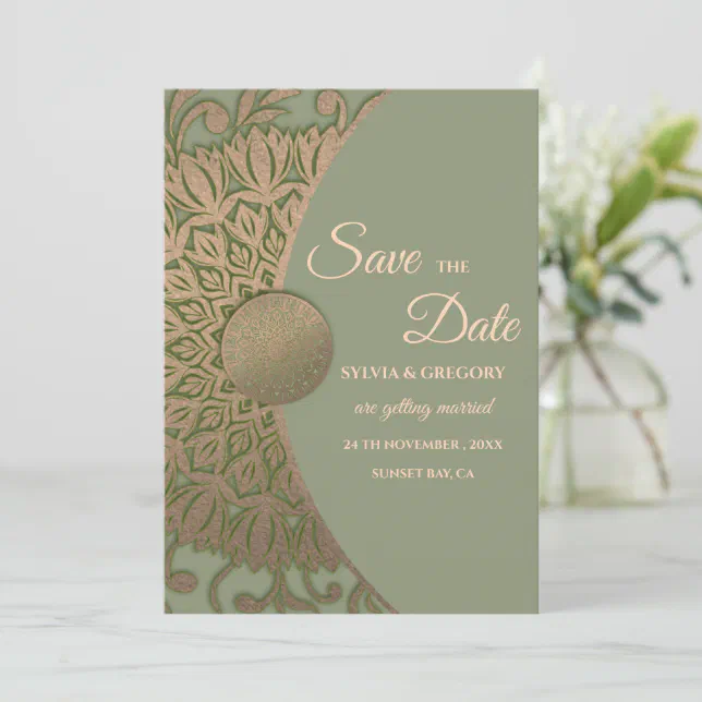 Elegant Modern Sage green & gold classic mandala Save The Date