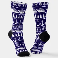 Christmas Cruise Ship Patterned Navy Blue Socks