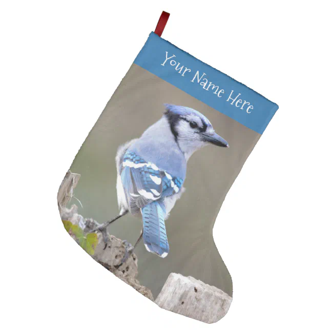 Cute Blue Jay Songbird on Tree Stump Large Christmas Stocking