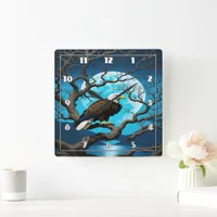 Eagle Perched on Branch Under Moonlit Sky Square Wall Clock