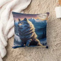 Majestic Wolf Under Moonlit Peaks. Throw Pillow