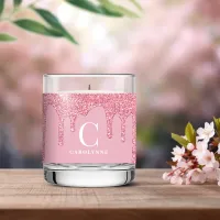 Lux Blush Pink Dripping Glitter Monogram Scented Candle