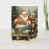 Santa and Kid in a Small Green Car with Gifts Card