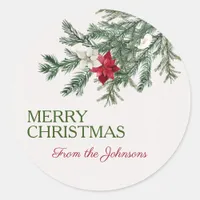 Custom Merry Christmas Add Name Watercolor Tree Classic Round Sticker