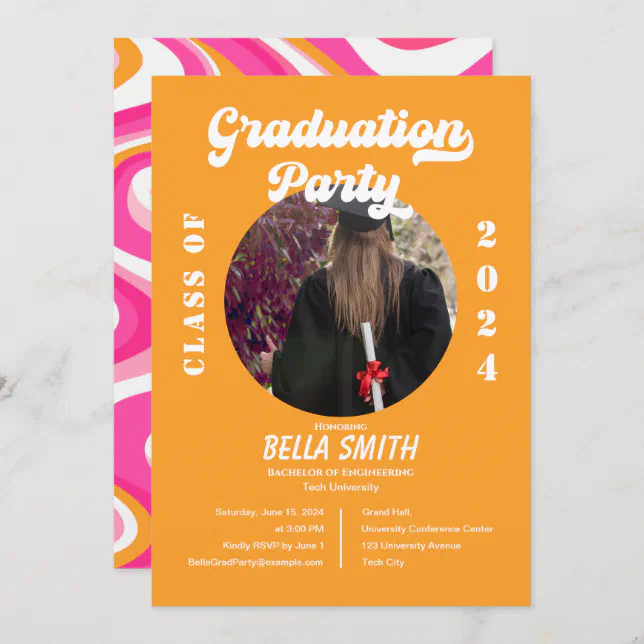 Retro Funky Pink and Orange Graduation Invitation