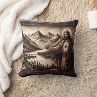 Jesus Blessing a Mountain Landscape Throw Pillow