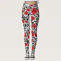 Pretty Floral Pattern in Red, Black and White Leggings