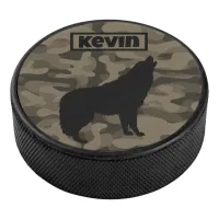 Modern Brown Camo Black Wolf Silhouette Monogram | Hockey Puck