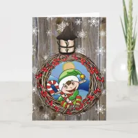 Cute Little Elf in Grapevine Wreath Christmas Card