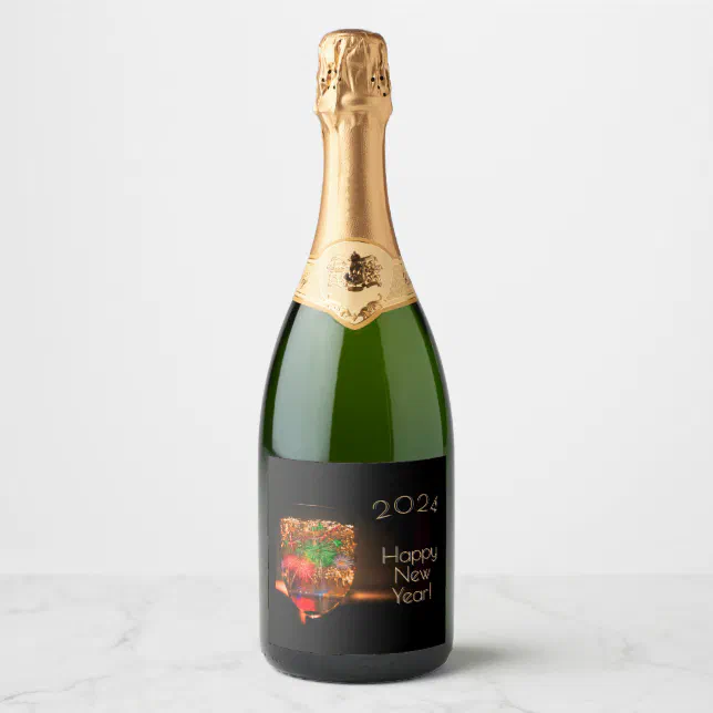 2024 wishes with fireworks and bubbles sparkling wine label