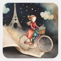 Storybook Watercolor Paris Bicycle Ride Square Sticker